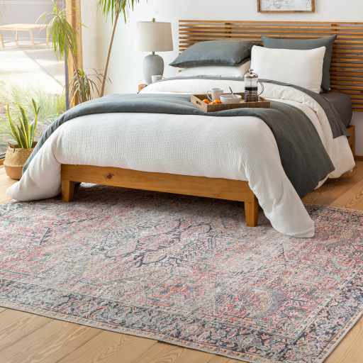 Distressed Finished Vintage Style Peach and Charcoal Traditional Washable Rug - The Rug Decor