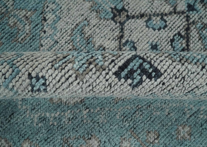 Distressed Hand Knotted Multi Size Blue, Silver and Charcoal Traditional Low Pile Wool Area Rug - The Rug Decor