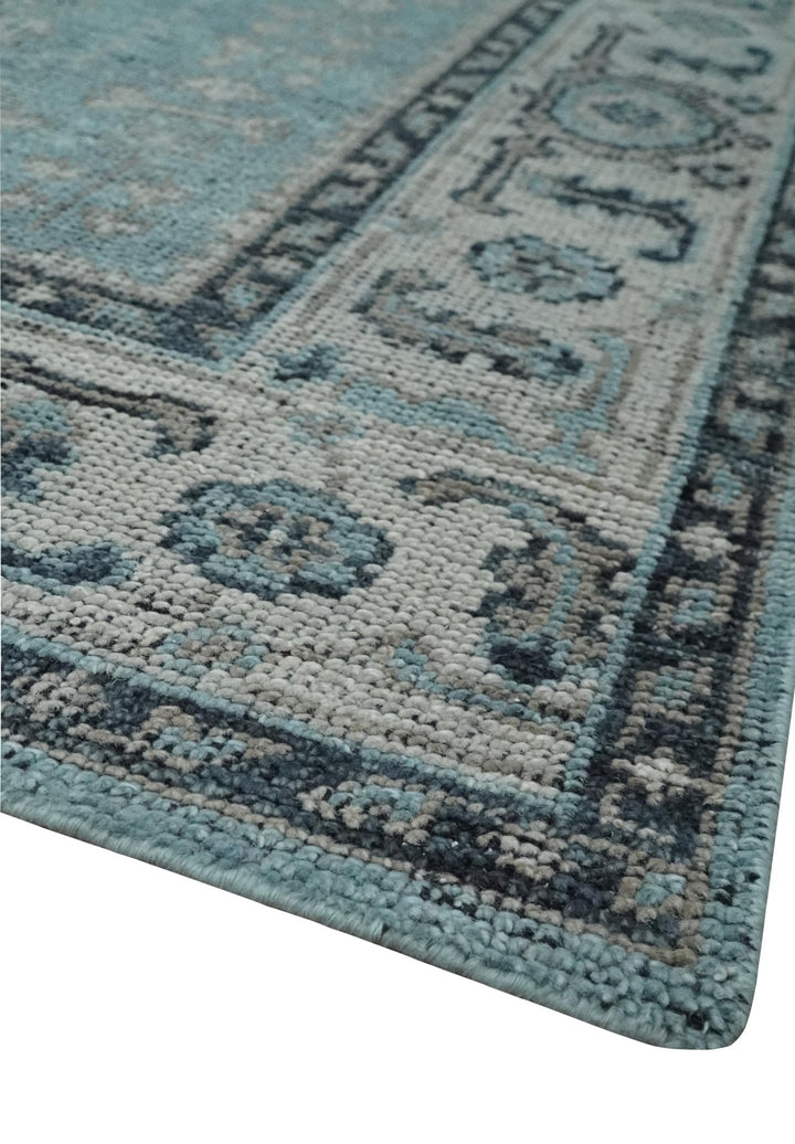 Distressed Hand Knotted Multi Size Blue, Silver and Charcoal Traditional Low Pile Wool Area Rug - The Rug Decor