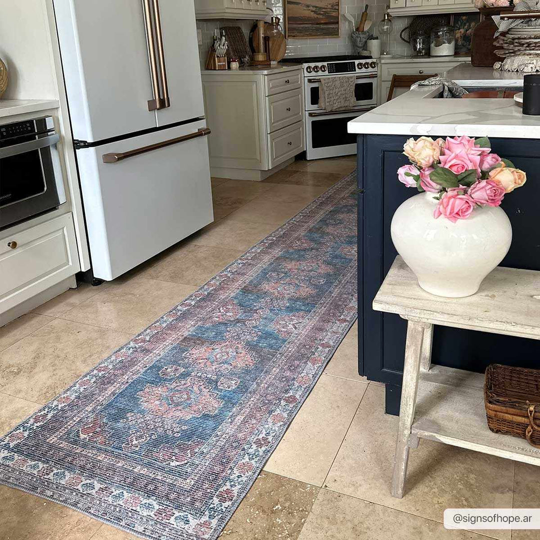 Distressed Look Vintage Style Machine Woven Rust, Blue and Ivory Traditional Washable Rug - The Rug Decor