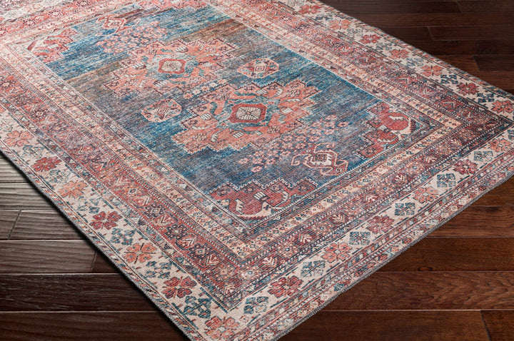 Distressed Look Vintage Style Machine Woven Rust, Blue and Ivory Traditional Washable Rug - The Rug Decor