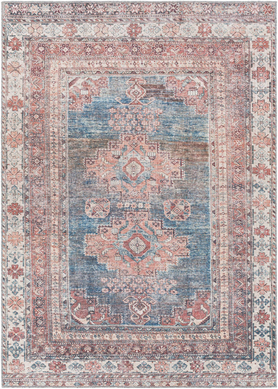 Distressed Look Vintage Style Machine Woven Rust, Blue and Ivory Traditional Washable Rug - The Rug Decor