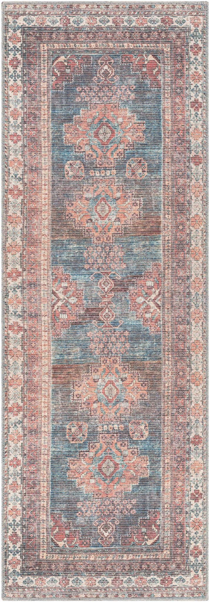 Distressed Look Vintage Style Machine Woven Rust, Blue and Ivory Traditional Washable Rug - The Rug Decor