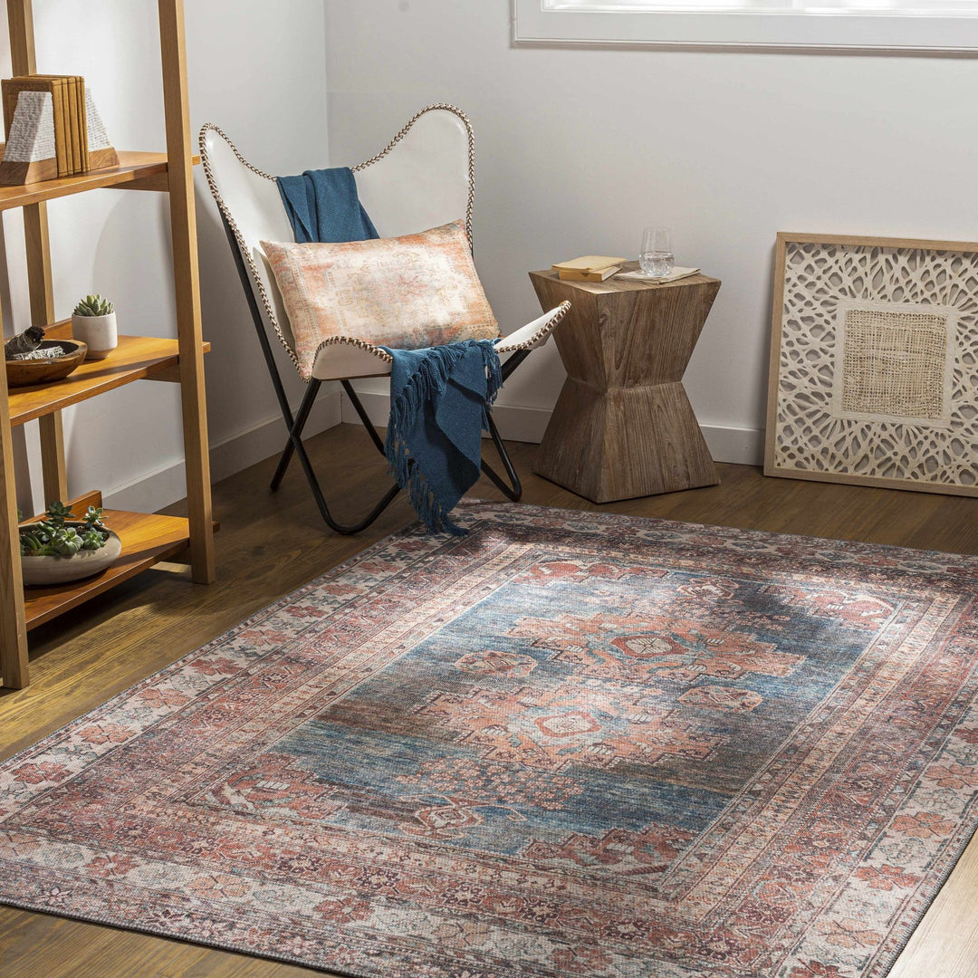 Distressed Look Vintage Style Machine Woven Rust, Blue and Ivory Traditional Washable Rug - The Rug Decor