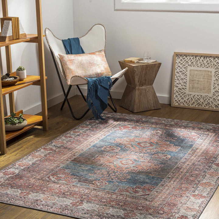 Distressed Look Vintage Style Machine Woven Rust, Blue and Ivory Traditional Washable Rug - The Rug Decor