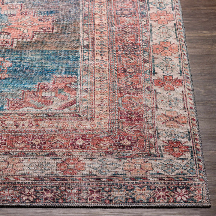 Distressed Look Vintage Style Machine Woven Rust, Blue and Ivory Traditional Washable Rug - The Rug Decor