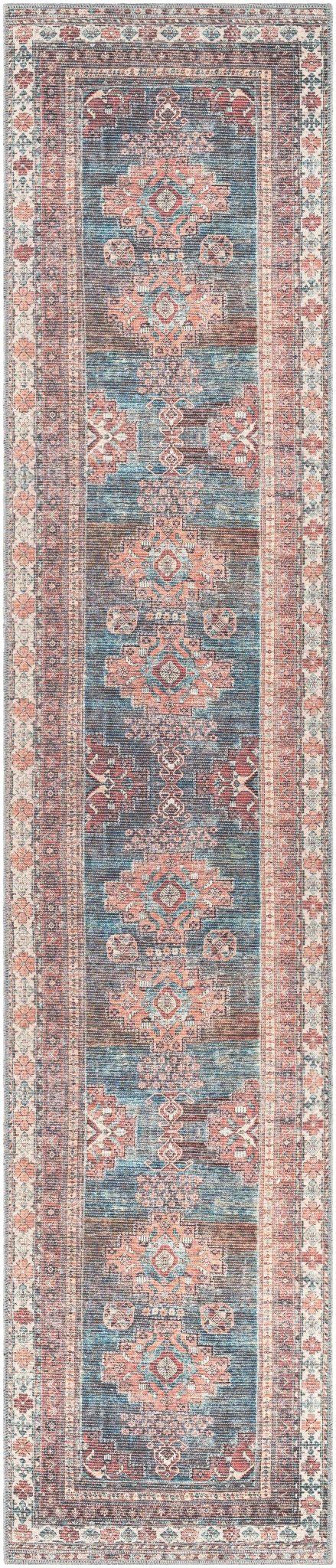 Distressed Look Vintage Style Machine Woven Rust, Blue and Ivory Traditional Washable Rug - The Rug Decor