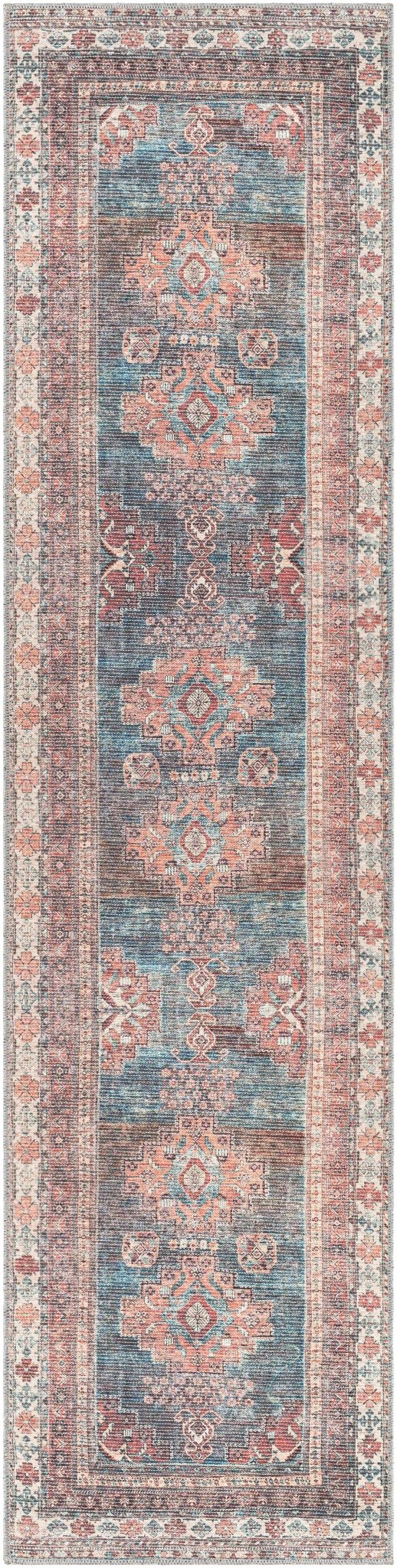 Distressed Look Vintage Style Machine Woven Rust, Blue and Ivory Traditional Washable Rug - The Rug Decor