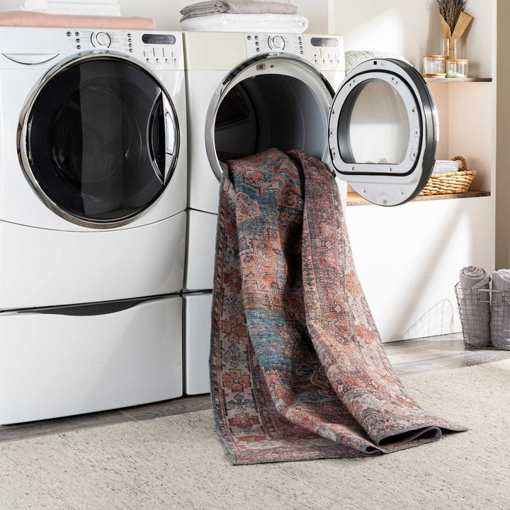 Distressed Look Vintage Style Machine Woven Rust, Blue and Ivory Traditional Washable Rug - The Rug Decor