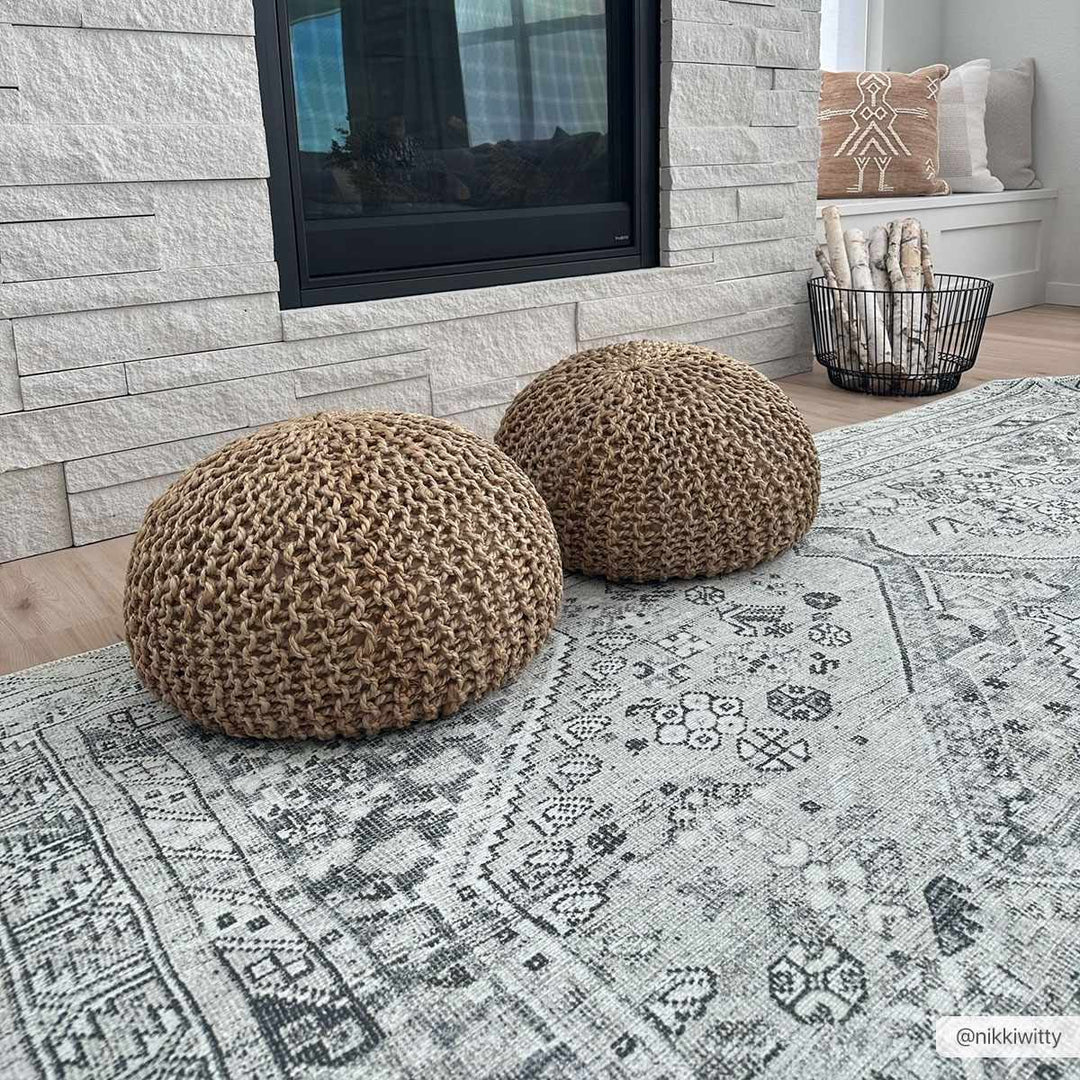 Earthy Neutral Traditional Turkish Machine Woven Beige and Charcoal Machine Washable Rug - The Rug Decor