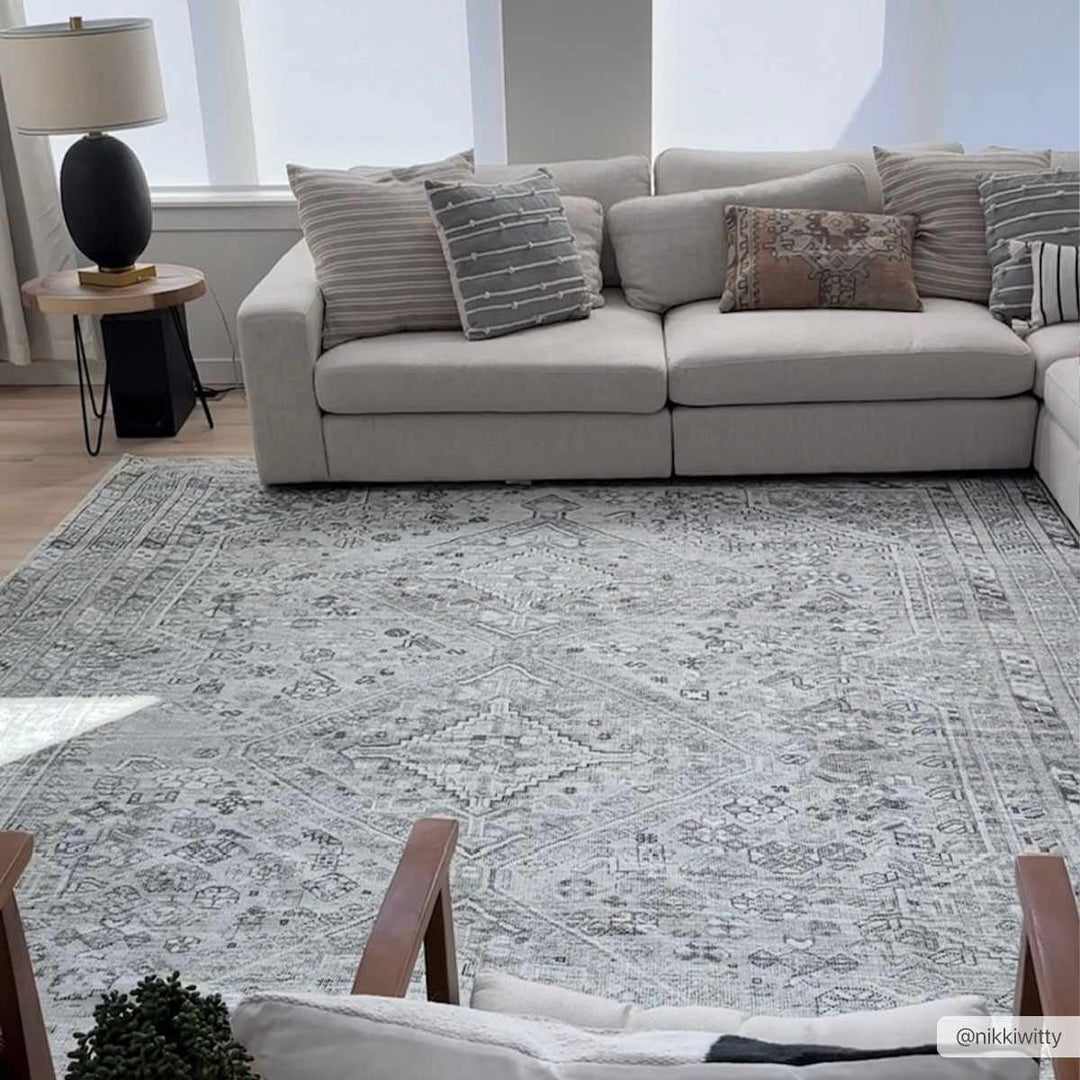 Earthy Neutral Traditional Turkish Machine Woven Beige and Charcoal Machine Washable Rug - The Rug Decor