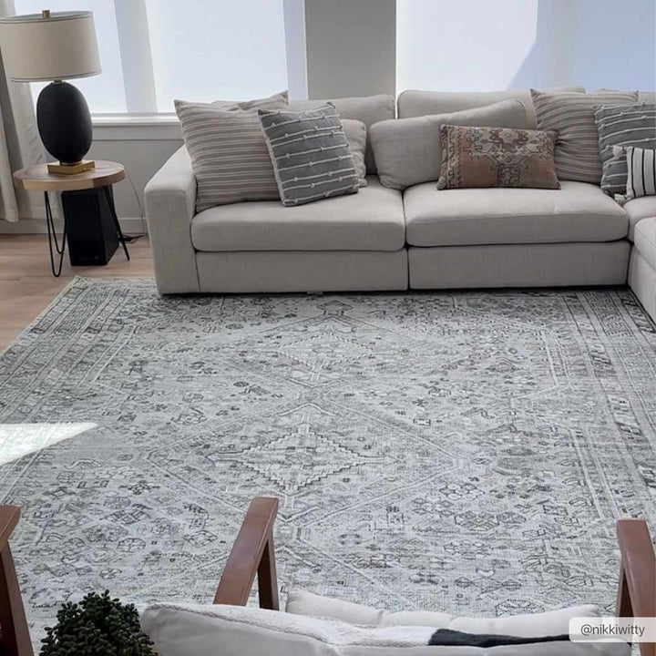 Earthy Neutral Traditional Turkish Machine Woven Beige and Charcoal Machine Washable Rug - The Rug Decor