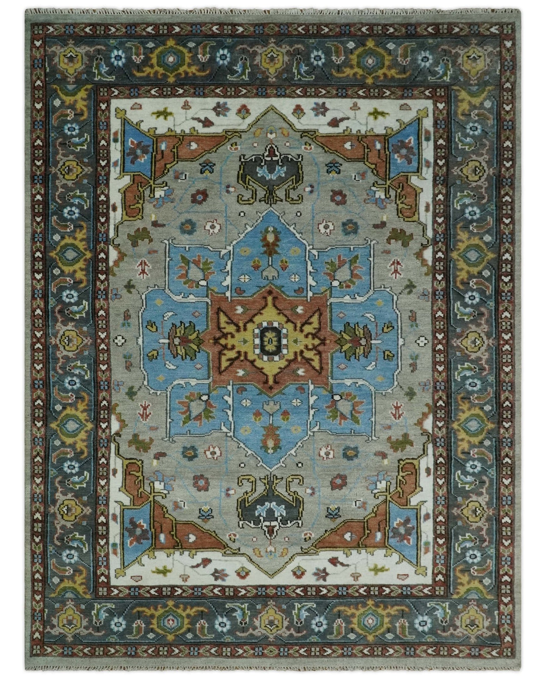 Eclectic 5x8, 6x9, 8x10, 9x12, 10x14 and 12x15 Hand Knotted Blue, Silver and Gray Vibrant Colorful Persian heriz Serapi Rug | TRDCP806 - The Rug Decor