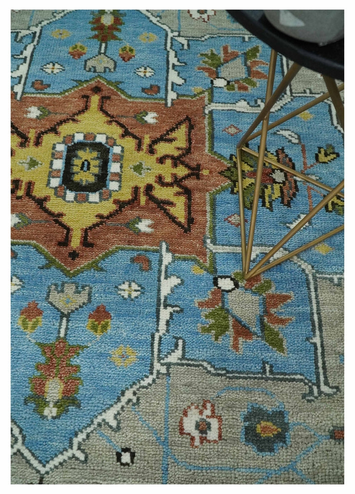 Eclectic 5x8, 6x9, 8x10, 9x12, 10x14 and 12x15 Hand Knotted Blue, Silver and Gray Vibrant Colorful Persian heriz Serapi Rug | TRDCP806 - The Rug Decor