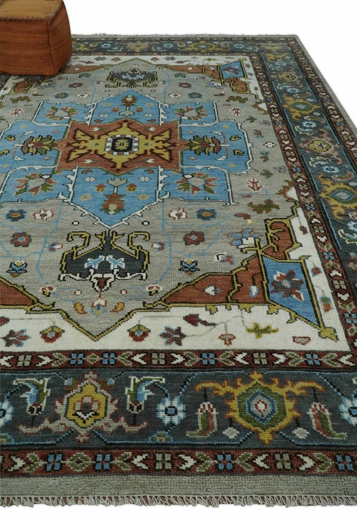 Eclectic 5x8, 6x9, 8x10, 9x12, 10x14 and 12x15 Hand Knotted Blue, Silver and Gray Vibrant Colorful Persian heriz Serapi Rug | TRDCP806 - The Rug Decor