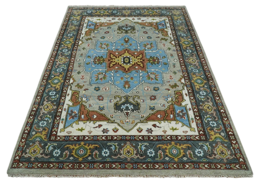 Eclectic 5x8, 6x9, 8x10, 9x12, 10x14 and 12x15 Hand Knotted Blue, Silver and Gray Vibrant Colorful Persian heriz Serapi Rug | TRDCP806 - The Rug Decor