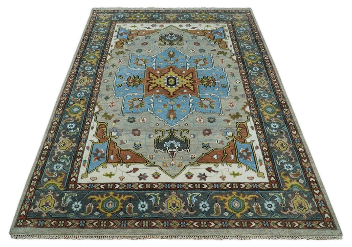 Eclectic 5x8, 6x9, 8x10, 9x12, 10x14 and 12x15 Hand Knotted Blue, Silver and Gray Vibrant Colorful Persian heriz Serapi Rug | TRDCP806 - The Rug Decor