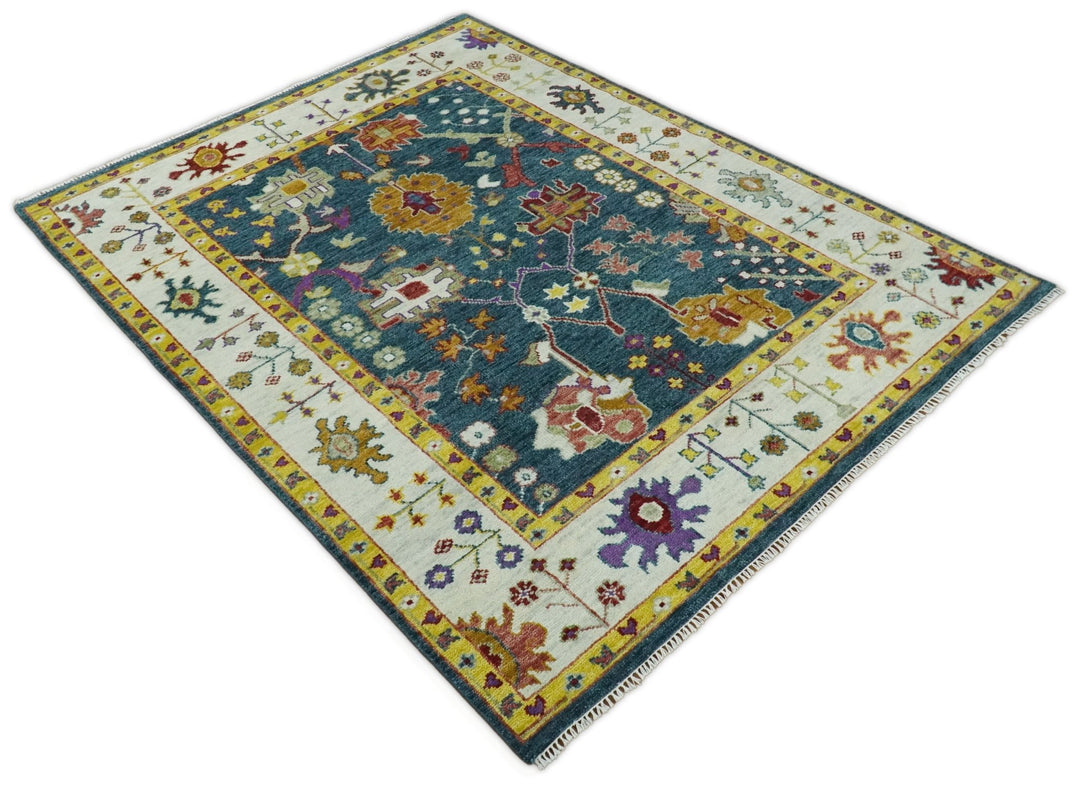 Eclectic 8x10 All Wool Traditional Persian Blue and Ivory Vibrant Colorful Hand knotted Oushak Area Rug | TRDCP161810 - The Rug Decor