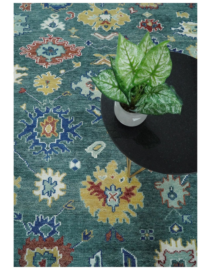 Eclectic 8x10 All Wool Traditional Persian Blue Teal and Ivory Vibrant Colorful Hand knotted Oushak Area Rug | TRDCP187810 - The Rug Decor