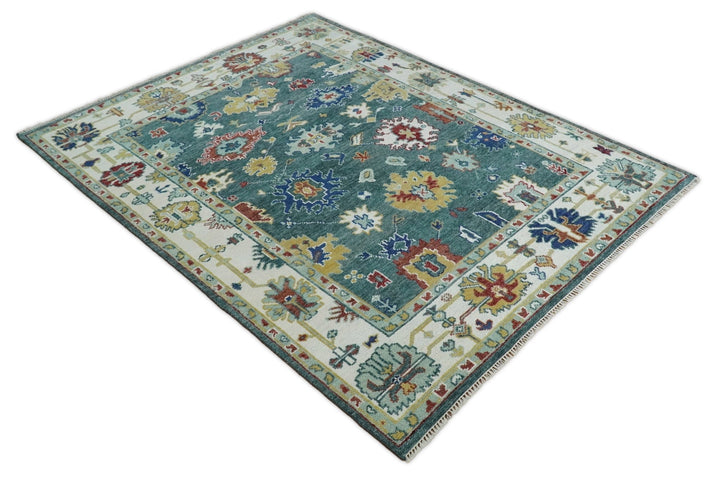 Eclectic 8x10 All Wool Traditional Persian Blue Teal and Ivory Vibrant Colorful Hand knotted Oushak Area Rug | TRDCP187810 - The Rug Decor