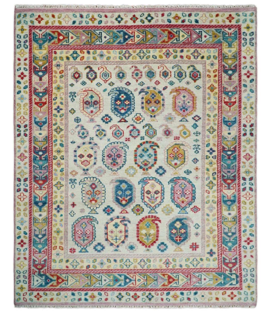 Eclectic 8x10 All Wool Traditional Persian Pink, Blue and Ivory Vibrant Colorful Hand knotted Persian Area Rug | TRDCP160810 - The Rug Decor