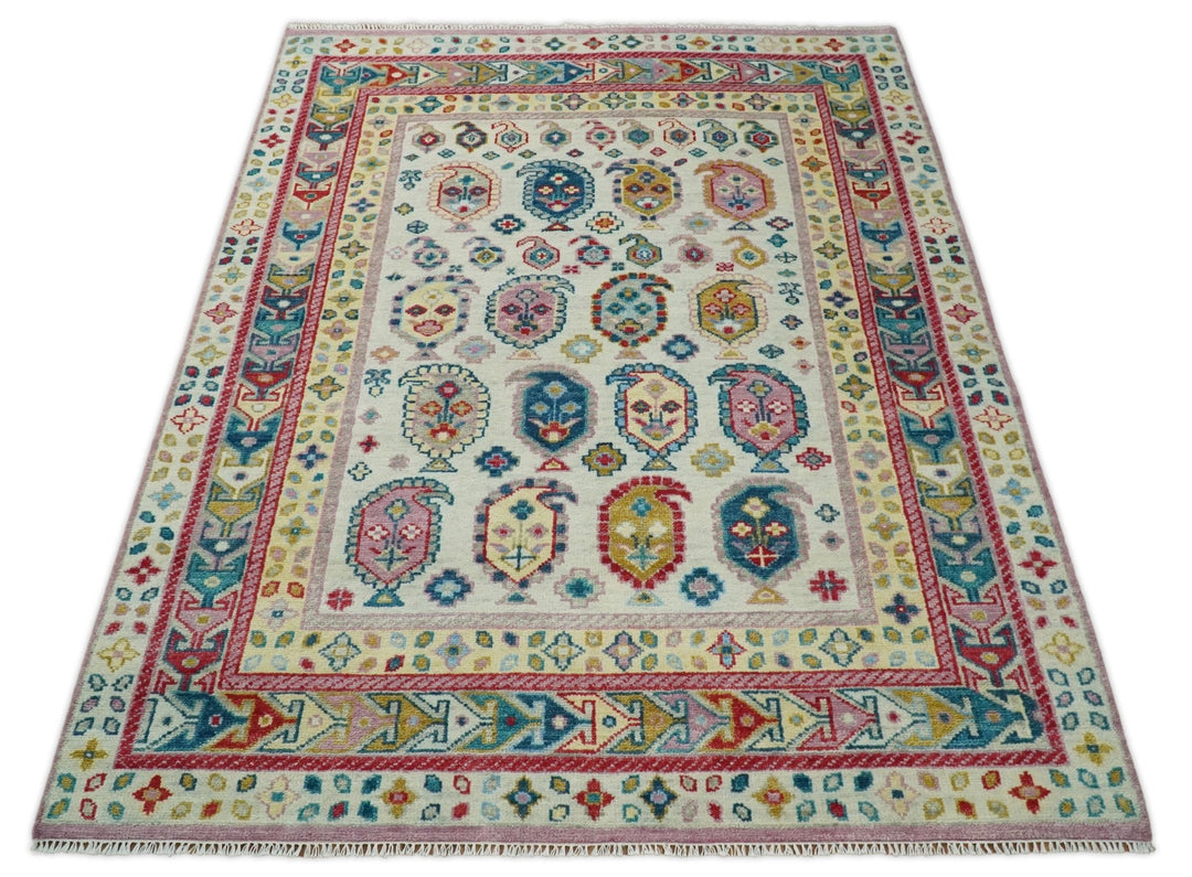 Eclectic 8x10 All Wool Traditional Persian Pink, Blue and Ivory Vibrant Colorful Hand knotted Persian Area Rug | TRDCP160810 - The Rug Decor