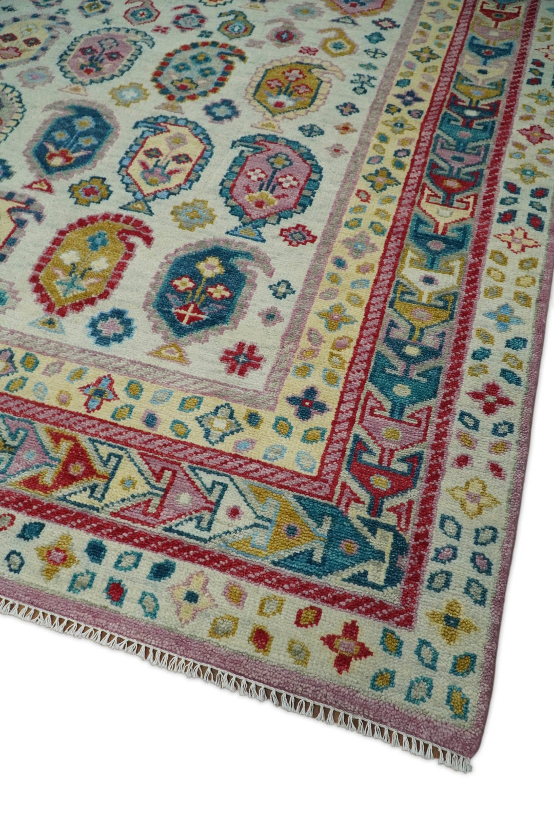 Eclectic 8x10 All Wool Traditional Persian Pink, Blue and Ivory Vibrant Colorful Hand knotted Persian Area Rug | TRDCP160810 - The Rug Decor