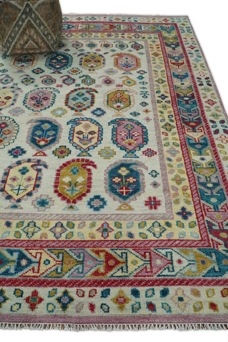 Eclectic 8x10 All Wool Traditional Persian Pink, Blue and Ivory Vibrant Colorful Hand knotted Persian Area Rug | TRDCP160810 - The Rug Decor