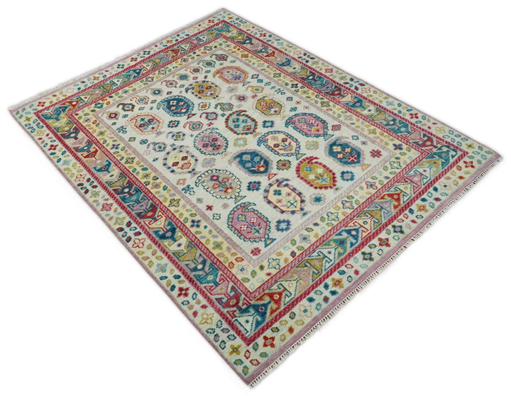 Eclectic 8x10 All Wool Traditional Persian Pink, Blue and Ivory Vibrant Colorful Hand knotted Persian Area Rug | TRDCP160810 - The Rug Decor