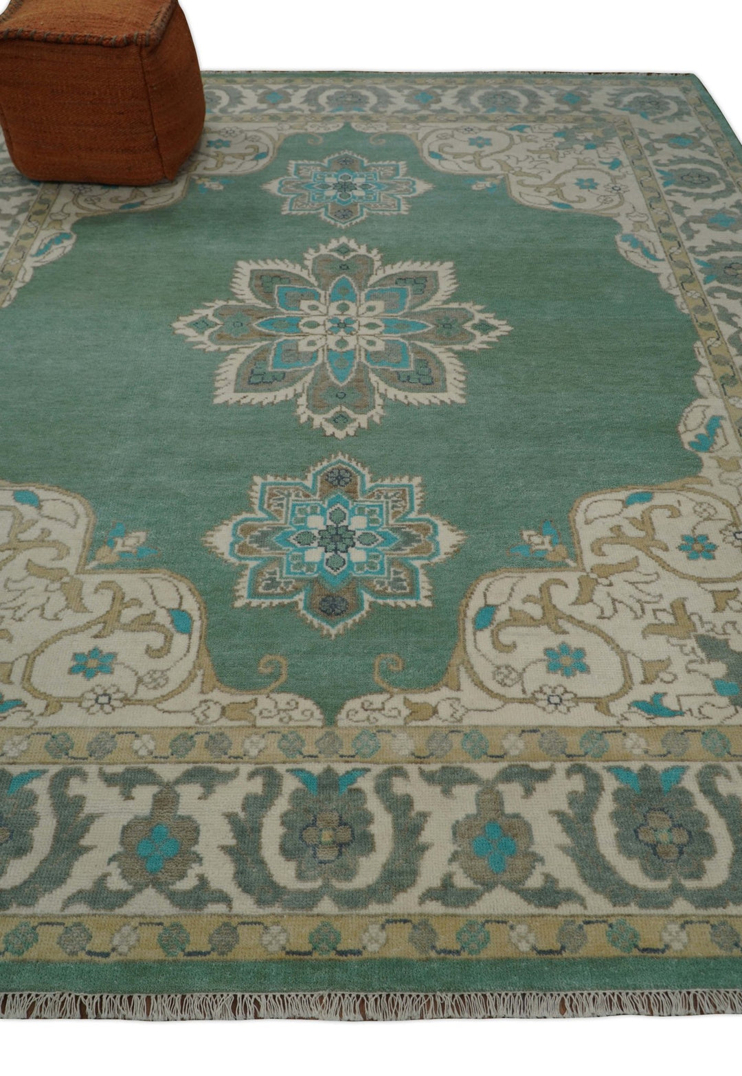 Emerald Green 8x10 Hand Knotted Vintage Persian Medallion Traditional Rug | TRDCP768810 - The Rug Decor