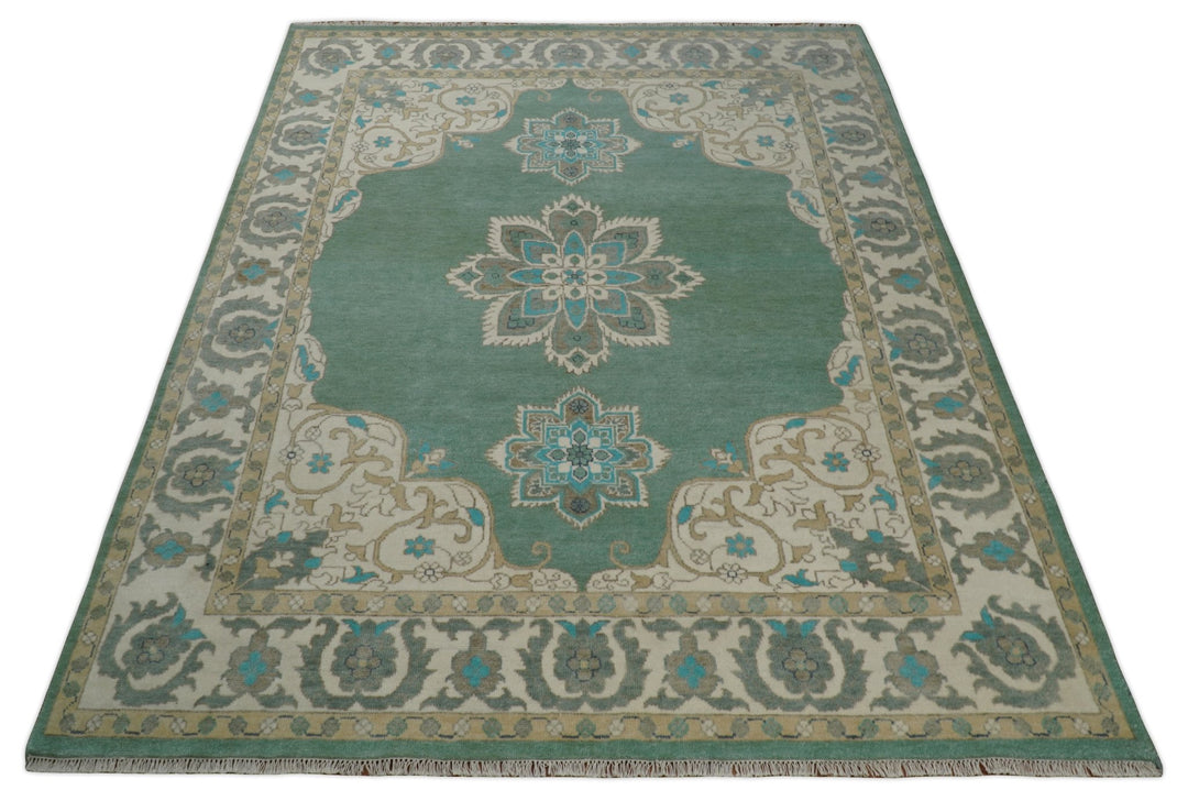 Emerald Green 8x10 Hand Knotted Vintage Persian Medallion Traditional Rug | TRDCP768810 - The Rug Decor