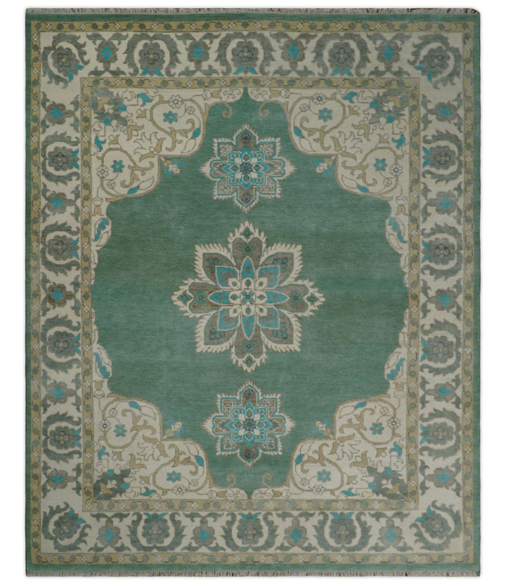 Emerald Green 8x10 Hand Knotted Vintage Persian Medallion Traditional Rug | TRDCP768810 - The Rug Decor
