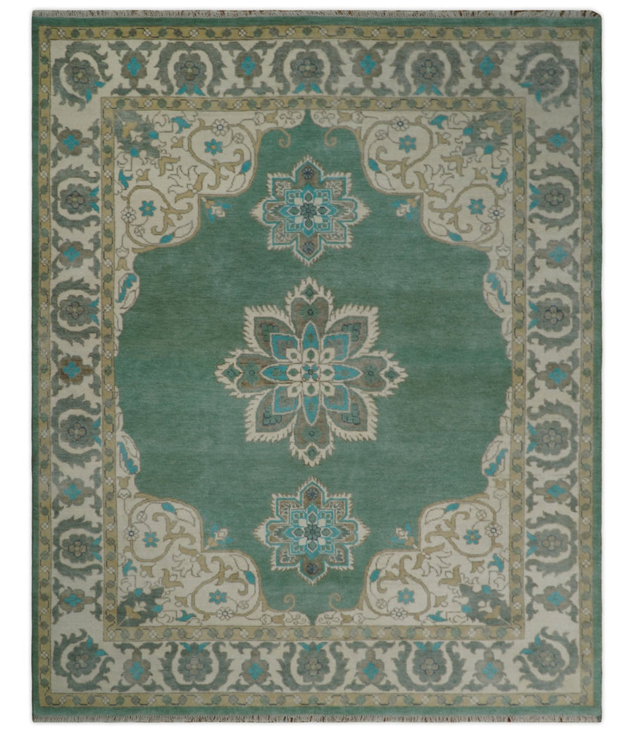 Emerald Green 8x10 Hand Knotted Vintage Persian Medallion Traditional Rug | TRDCP768810 - The Rug Decor