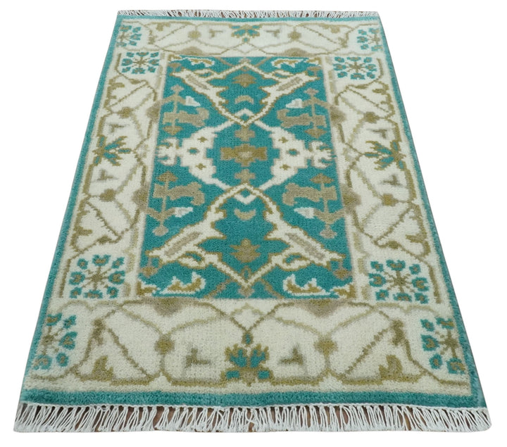 Entryway 2x3 Blue and Ivory Hand Knotted Oriental Oushak Wool Area Rug - The Rug Decor