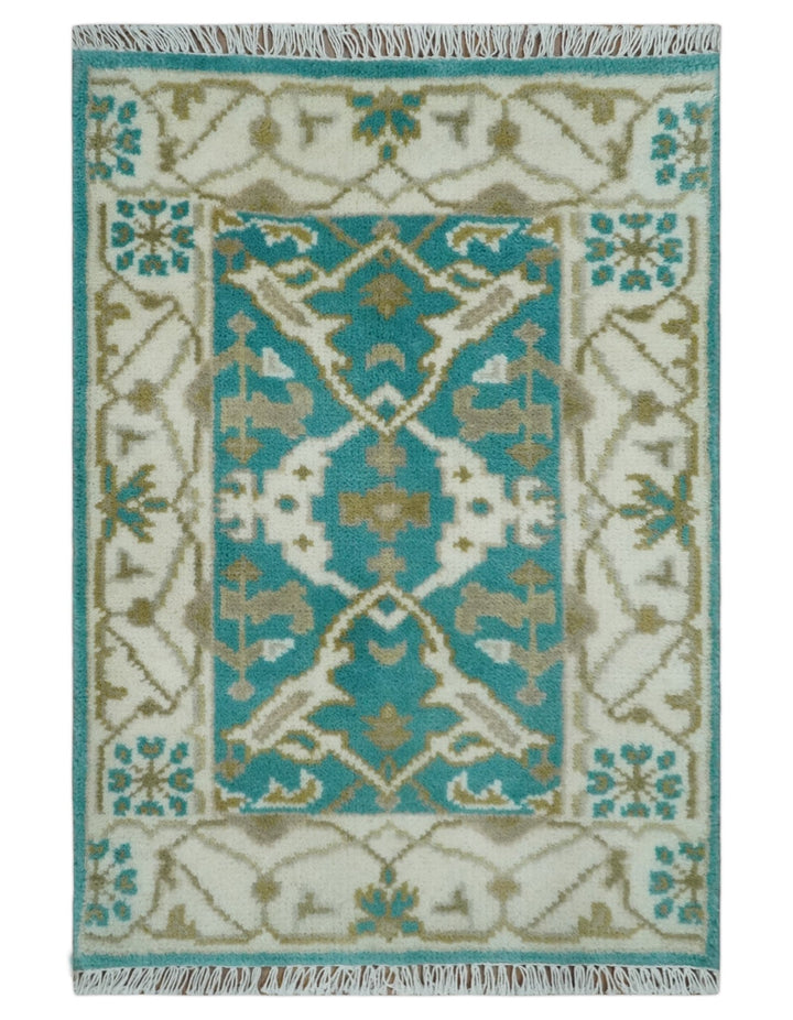 Entryway 2x3 Blue and Ivory Hand Knotted Oriental Oushak Wool Area Rug - The Rug Decor