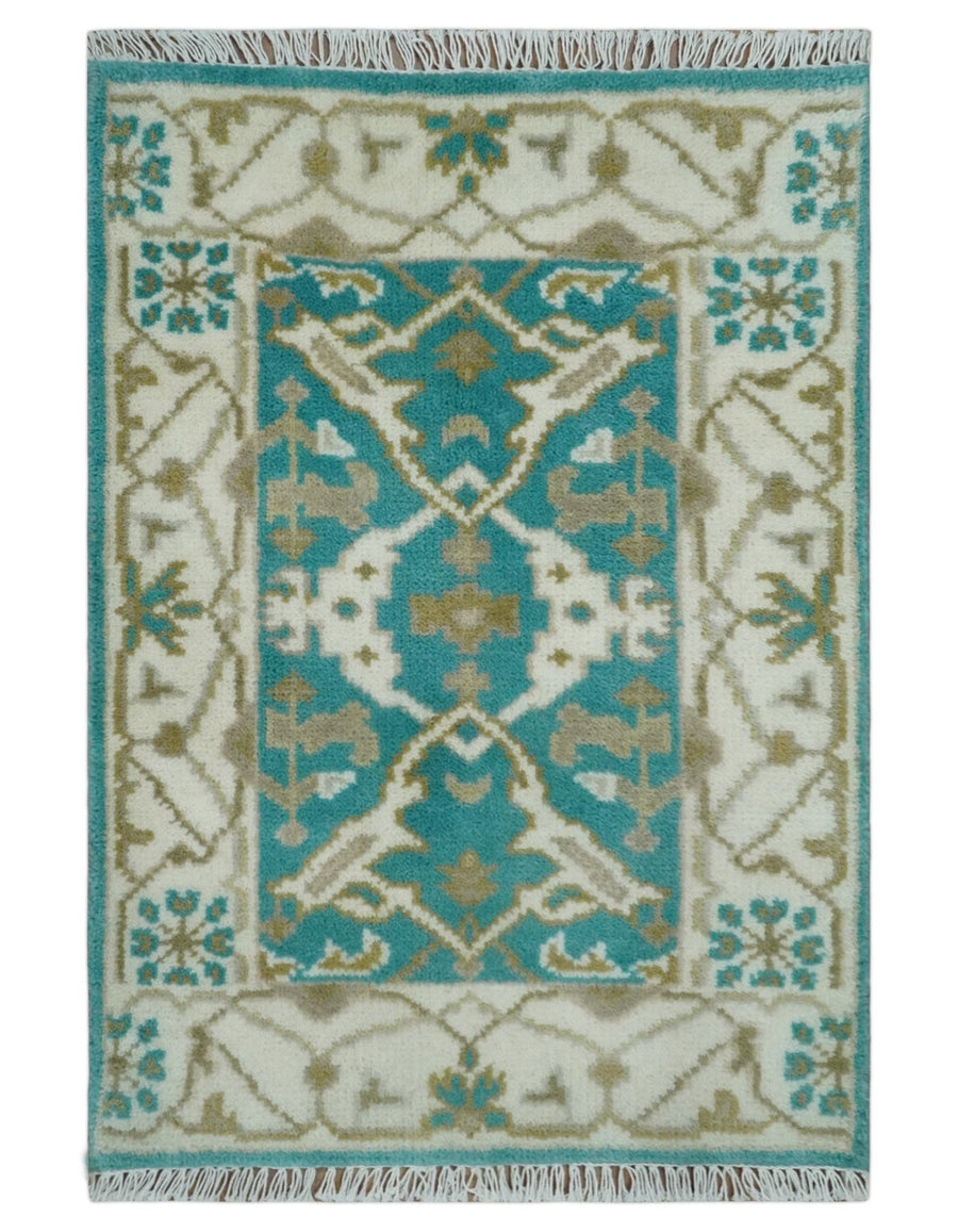 Entryway 2x3 Blue and Ivory Hand Knotted Oriental Oushak Wool Area Rug - The Rug Decor