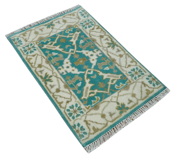 Entryway 2x3 Blue and Ivory Hand Knotted Oriental Oushak Wool Area Rug - The Rug Decor
