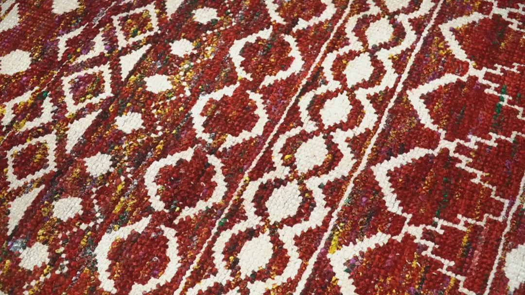 8x10 Hand Knotted Red and White Modern Contemporary Southwestern Tribal Trellis Recycled Silk Area Rug | TRDOP2