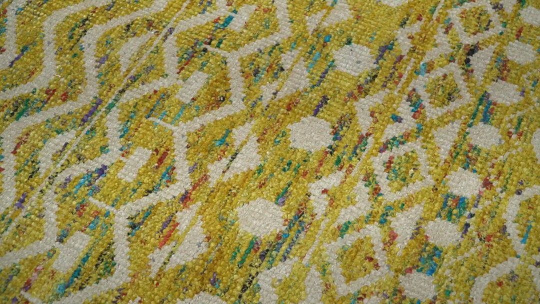 8.7x11.4 Hand Knotted Gold and White Ivory Contemporary Southwestern Tribal Trellis Recycled Silk Area Rug | OP4