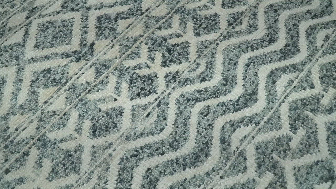 9x13 Hand Knotted Ivory and Teal Blue Modern Contemporary Southwestern Tribal Trellis Recycled Silk Area Rug | OP51