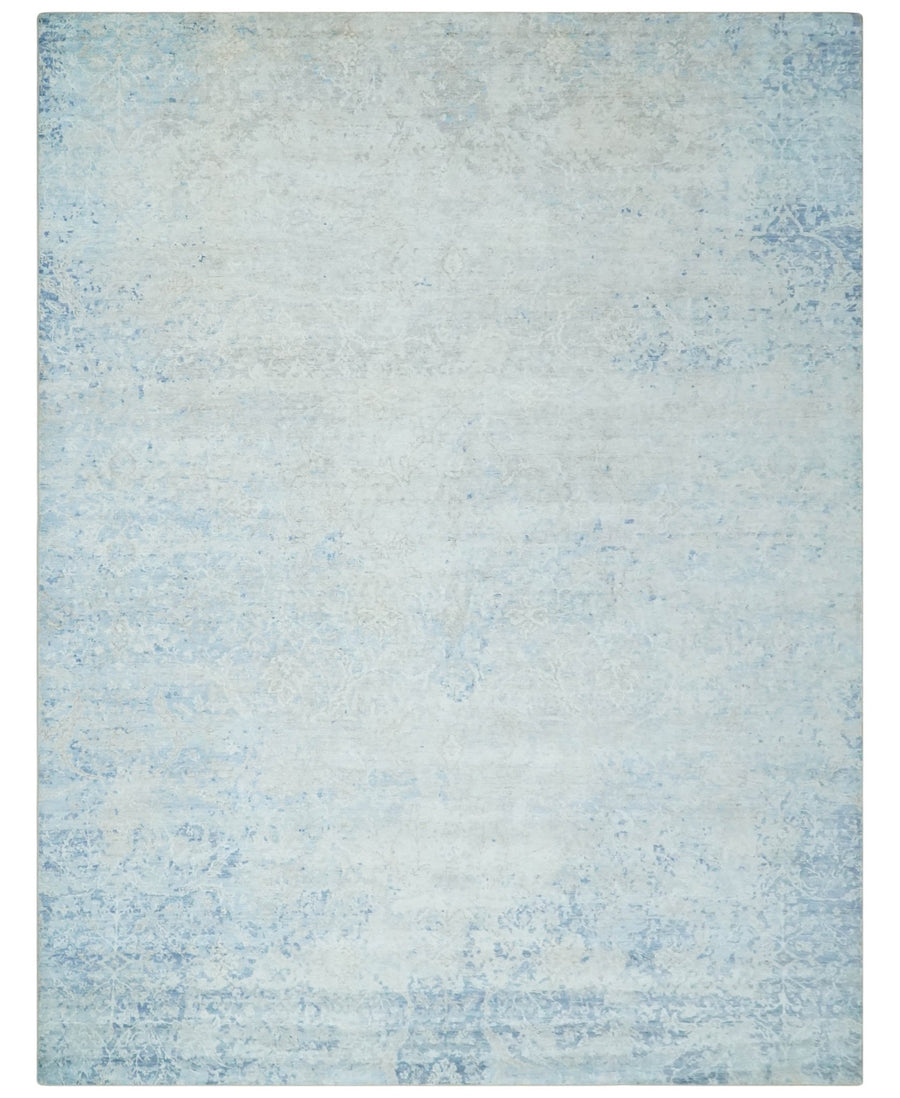 Fine 10x13 Ivory and blue Modern Abstract Hand Knotted Blended Wool and Art silk Area Rug - The Rug Decor