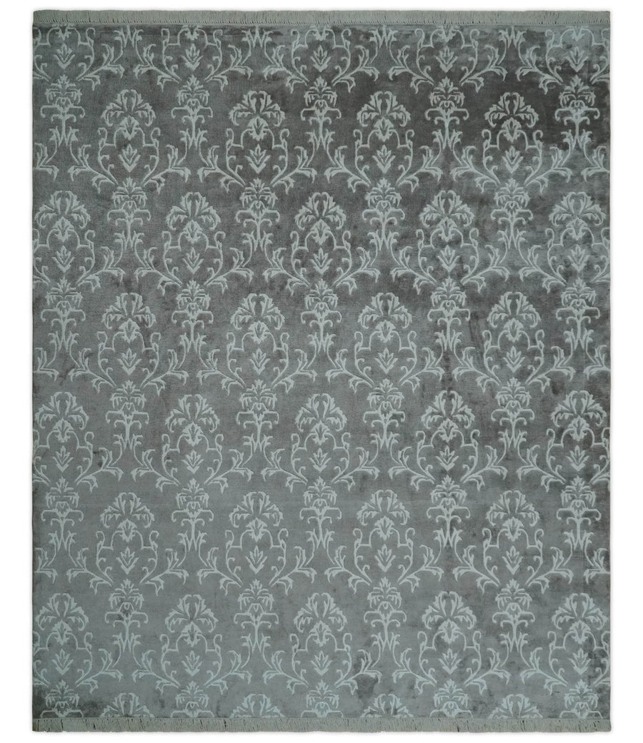 Fine 8x10 Hand Knotted Gray and Ivory Traditional Modern Style Art Art Silk Rug, Living Room Rug | AE1810 - The Rug Decor