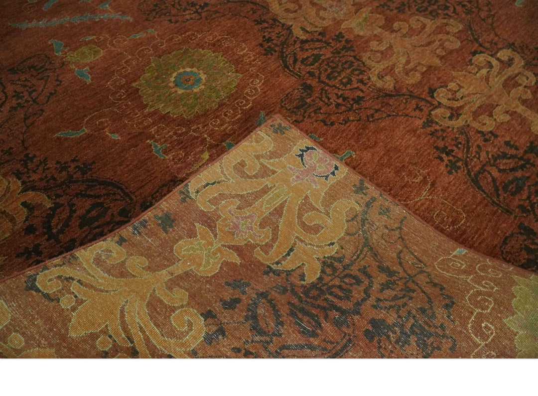 Fine Antique Style Brown, Rust and Green Traditional Ikat design Hand knotted wool Area Rug - The Rug Decor