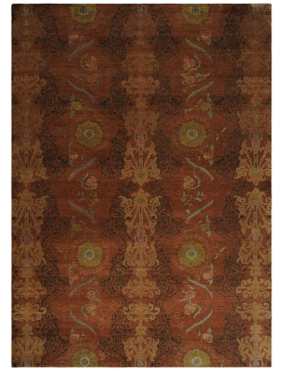 Fine Antique Style Brown, Rust and Green Traditional Ikat design Hand knotted wool Area Rug - The Rug Decor