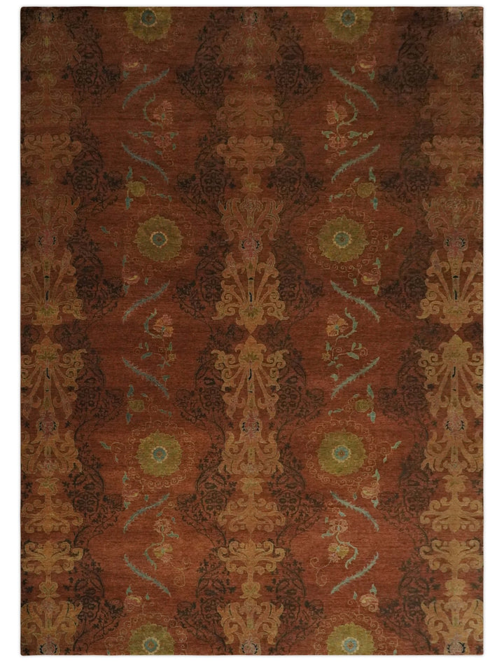 Fine Antique Style Brown, Rust and Green Traditional Ikat design Hand knotted wool Area Rug - The Rug Decor