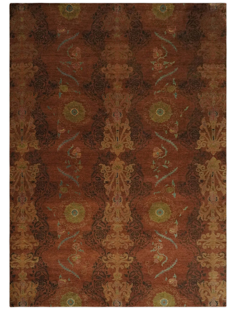 Fine Antique Style Brown, Rust and Green Traditional Ikat design Hand knotted wool Area Rug - The Rug Decor
