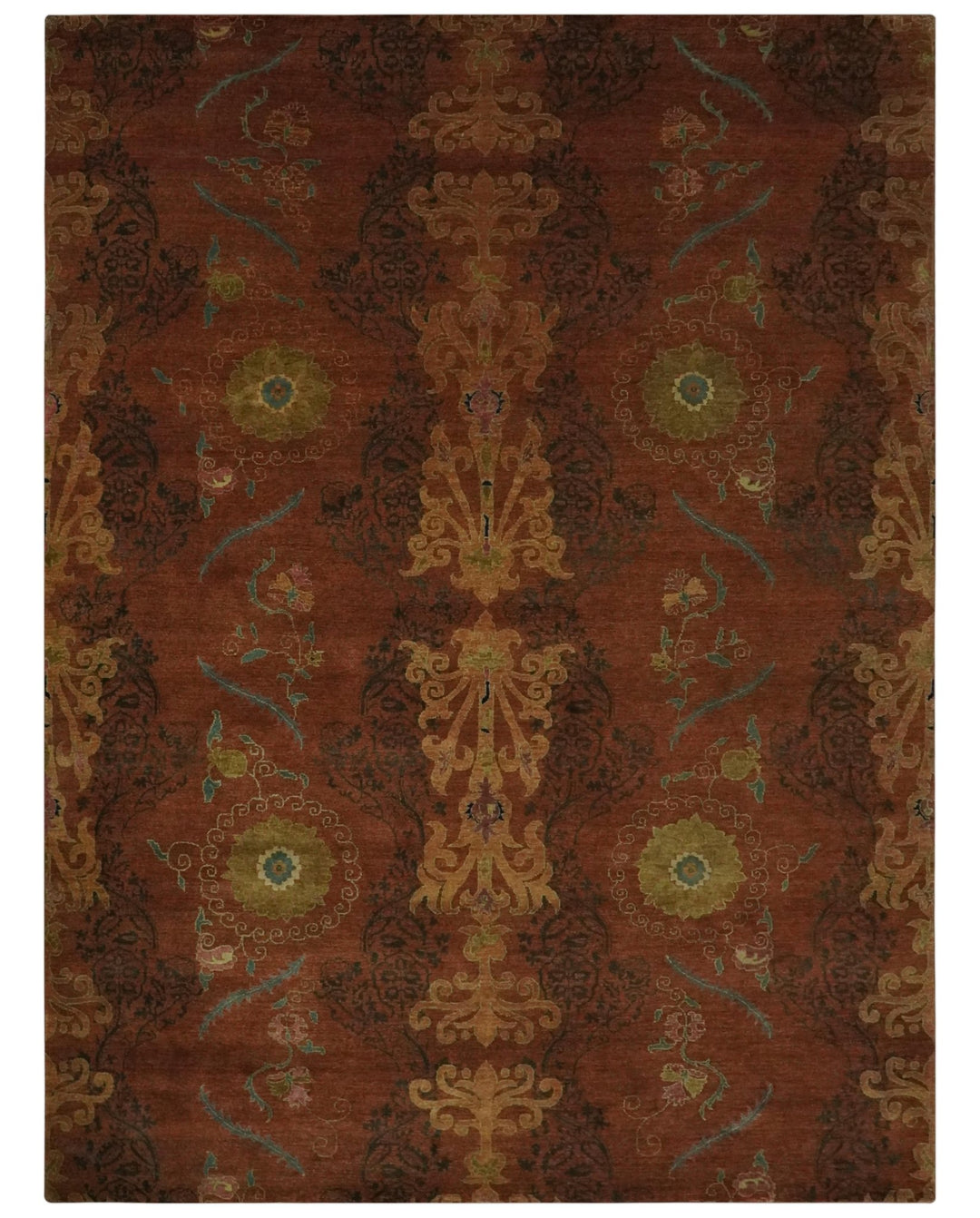 Fine Antique Style Brown, Rust and Green Traditional Ikat design Hand knotted wool Area Rug - The Rug Decor