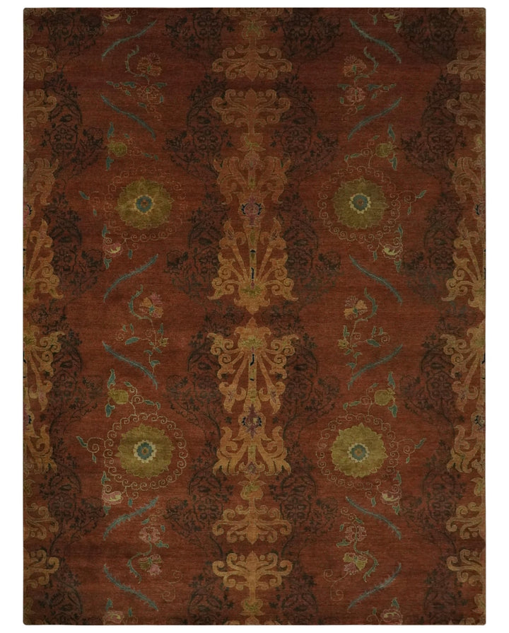Fine Antique Style Brown, Rust and Green Traditional Ikat design Hand knotted wool Area Rug - The Rug Decor