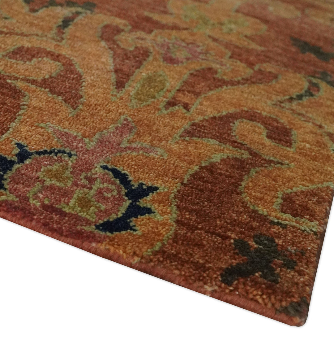 Fine Antique Style Brown, Rust and Green Traditional Ikat design Hand knotted wool Area Rug - The Rug Decor