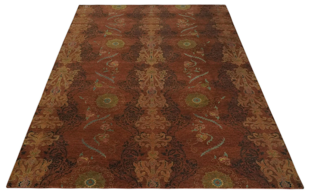 Fine Antique Style Brown, Rust and Green Traditional Ikat design Hand knotted wool Area Rug - The Rug Decor
